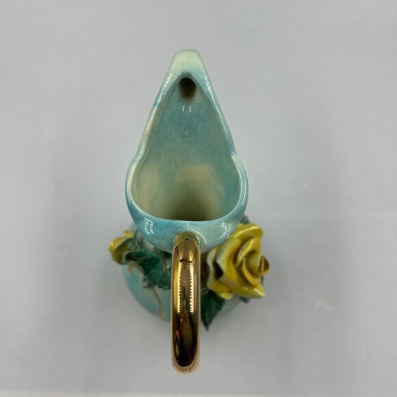 LEORA Vintage 8" Capodimonte Bud Vase W Handle Pitcher 3D Floral Gold Tone Decor - Picture 6 of 10